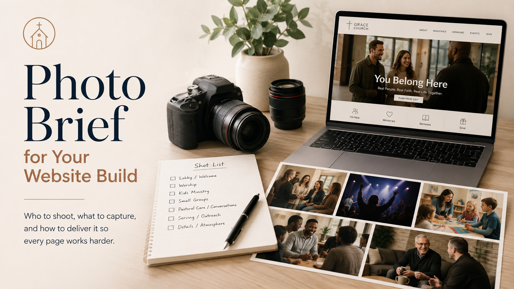 Photo Brief for Your Website Build, camera, shot list notepad, and laptop showing a church website hero