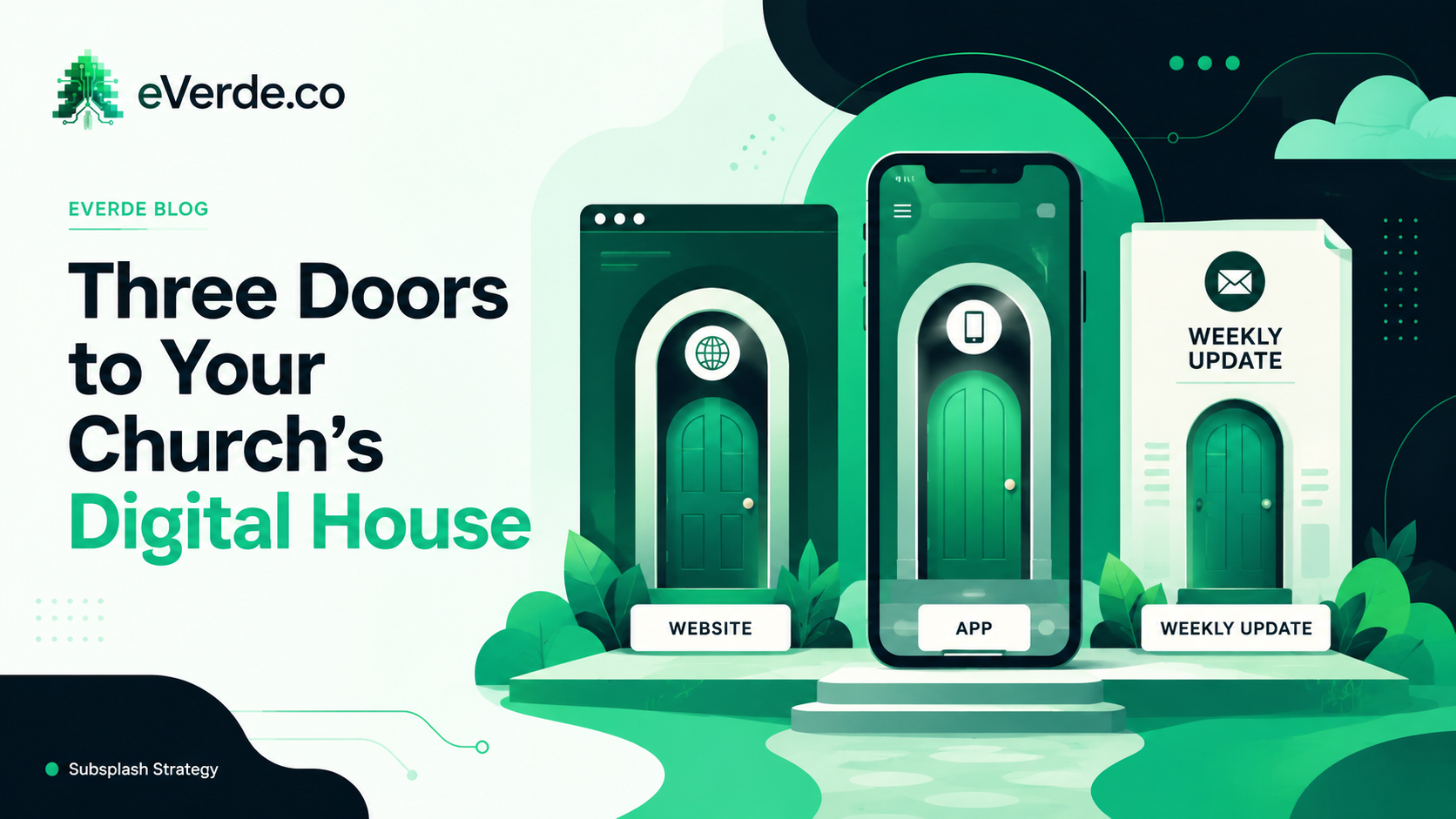 Illustration showing three digital doors for a church: website, app, and weekly update, each serving a different entry point into the same digital house.